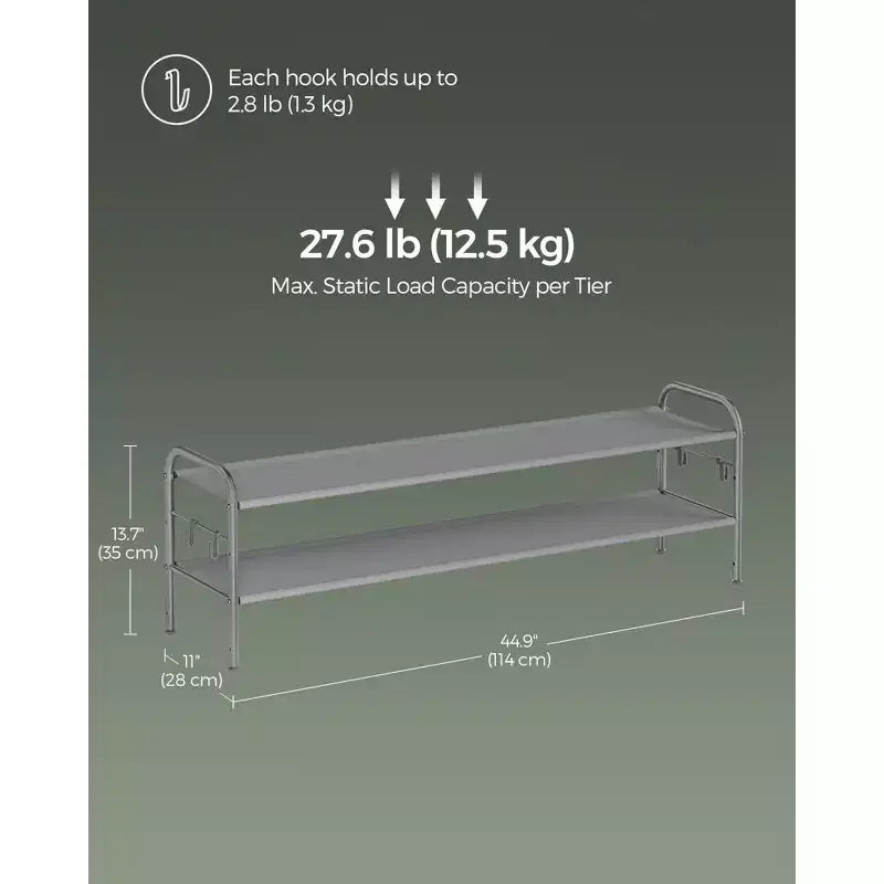 2-Tier Height-Adjustable Fabric Shoe Rack with Side Hooks, Holds 12 Pairs, No Tools Needed