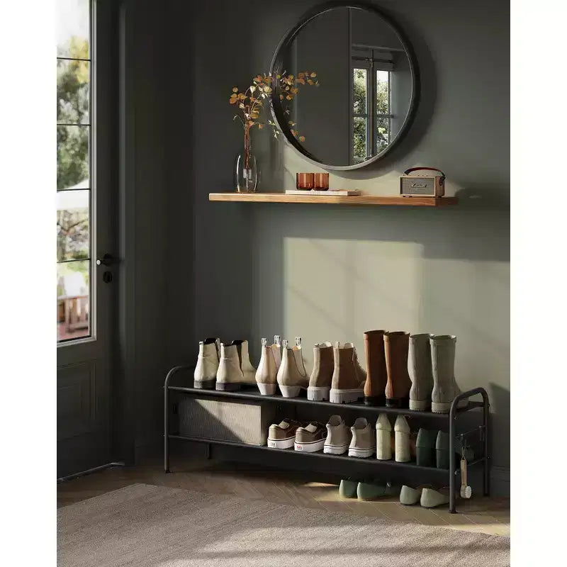 2-Tier Height-Adjustable Fabric Shoe Rack with Side Hooks, Holds 12 Pairs, No Tools Needed