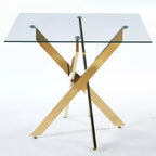 Tavolo da pranzo con gambe incrociate in metallo e vetro temperato, Tavolo da cucina moderno salvaspazio per soggiorno, gambe cromate, tavolo quadrato, gambe dorate, 90x90x75 cm