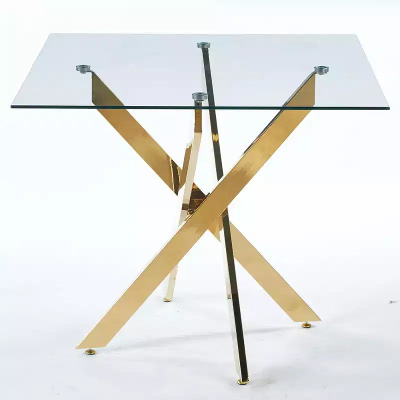 Dining Table with cross metal leg and tempered glass,Modern Space Saving Kitchen Table for Living Room,chrome legs,Square table,golden legs,90x90x75cm