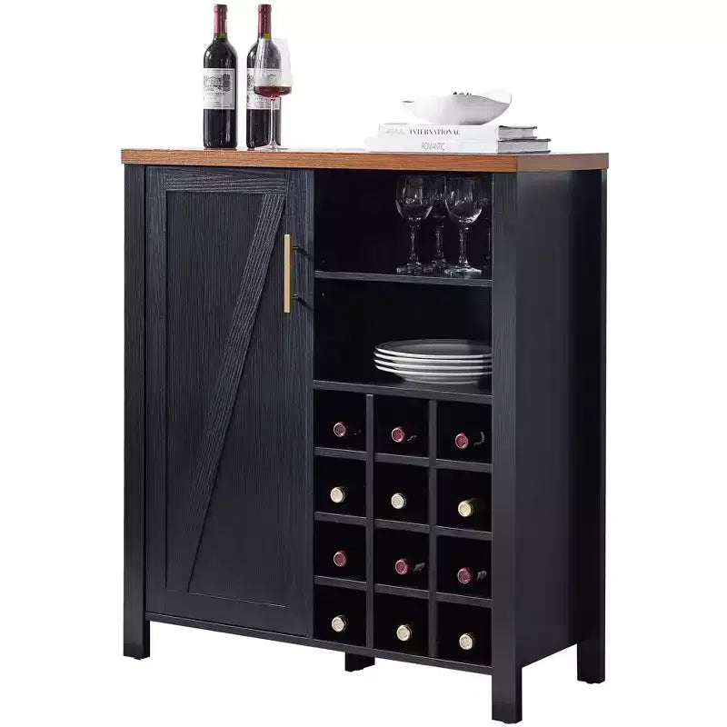 Farmhouse Sideboard Buffet Wine Bar Cabinet, 12-Bottle Wine Rack, 2 Open Shelves & Adjustable Cabinet