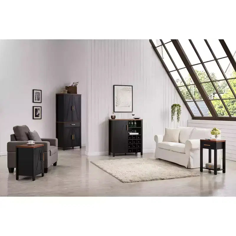 Farmhouse Sideboard Buffet Wine Bar Cabinet, 12-Bottle Wine Rack, 2 Open Shelves & Adjustable Cabinet