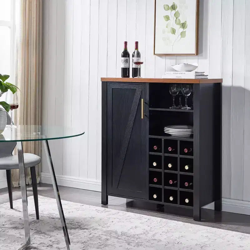 Farmhouse Sideboard Buffet Wine Bar Cabinet, 12-Bottle Wine Rack, 2 Open Shelves & Adjustable Cabinet