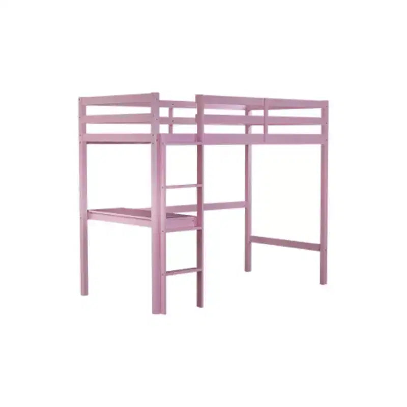 Rubberwood Twin High Loft Bed with Safety Guardrail and Integrated Desk