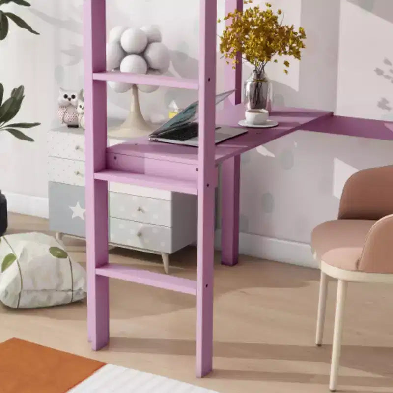 Rubberwood Twin High Loft Bed with Safety Guardrail and Integrated Desk