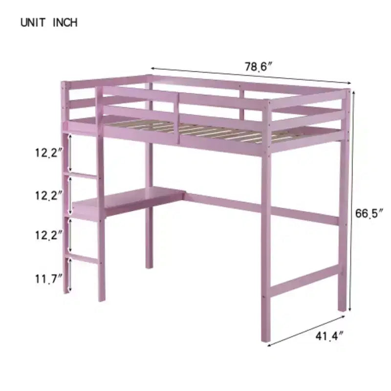 Rubberwood Twin High Loft Bed with Safety Guardrail and Integrated Desk