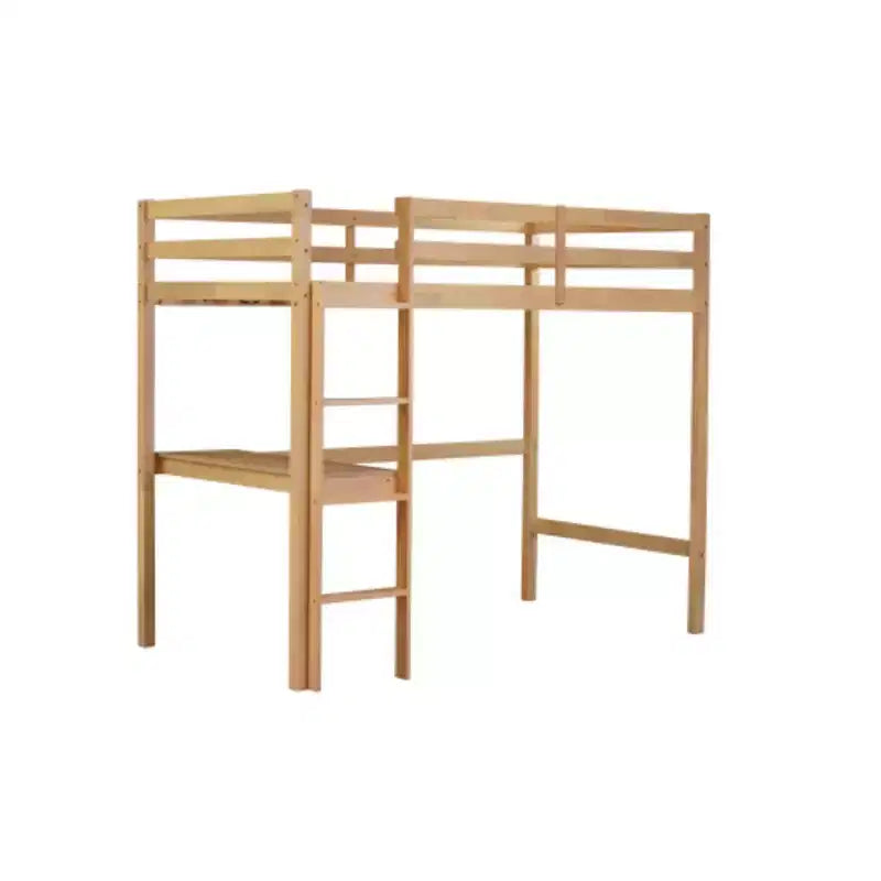 Rubberwood Twin High Loft Bed with Safety Guardrail and Integrated Desk