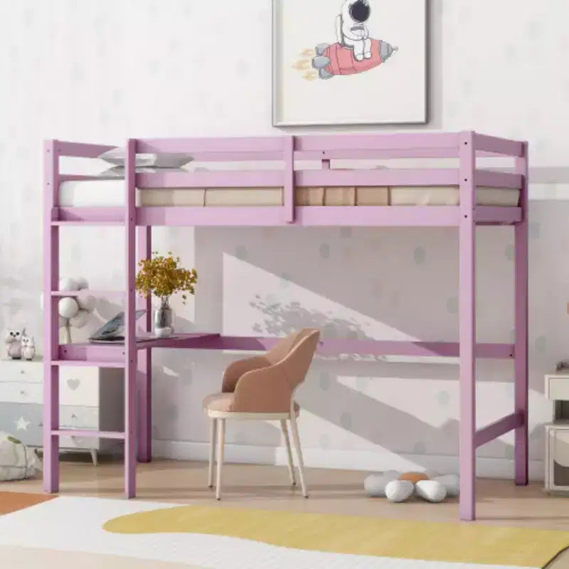 Rubberwood Twin High Loft Bed with Safety Guardrail and Integrated Desk