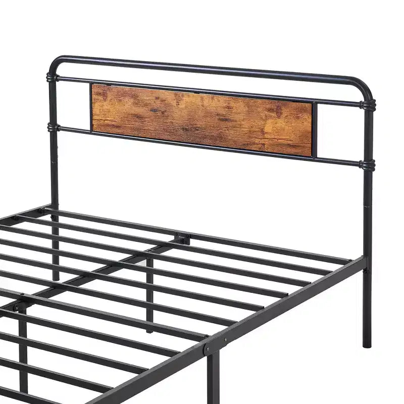Base letto a piattaforma Full/Queen in metallo con testiera effetto legno, doghe in acciaio resistente, nessun materasso a molle richiesto, marrone