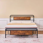 Base letto a piattaforma Full/Queen in metallo con testiera effetto legno, doghe in acciaio resistente, nessun materasso a molle richiesto, marrone