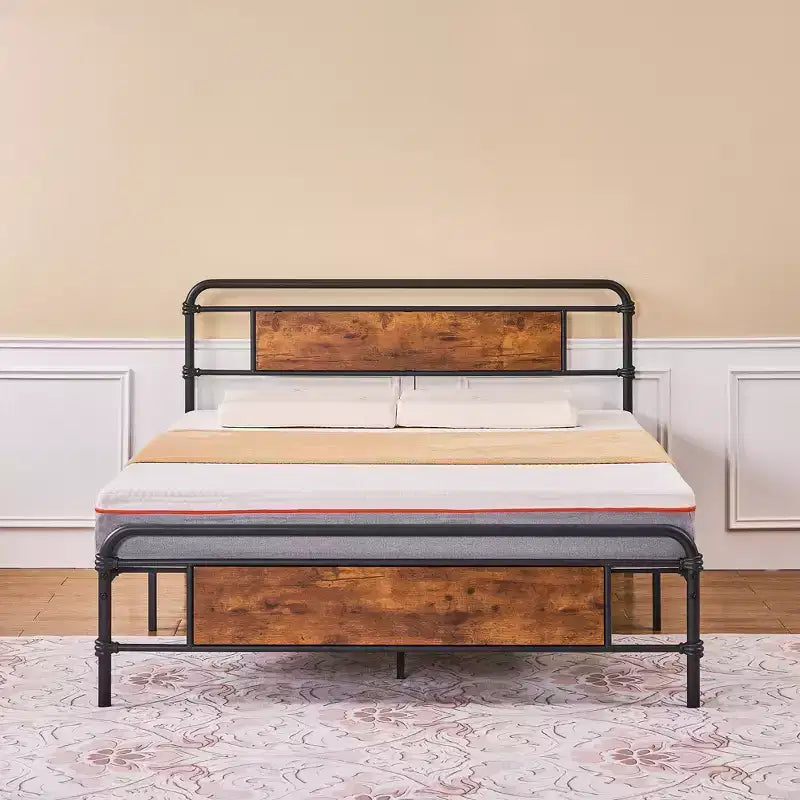 Base letto a piattaforma Full/Queen in metallo con testiera effetto legno, doghe in acciaio resistente, nessun materasso a molle richiesto, marrone