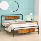 Base letto a piattaforma Full/Queen in metallo con testiera effetto legno, doghe in acciaio resistente, nessun materasso a molle richiesto, marrone