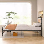 Base letto a piattaforma Full/Queen in metallo con testiera effetto legno, doghe in acciaio resistente, nessun materasso a molle richiesto, marrone