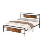 Base letto a piattaforma Full/Queen in metallo con testiera effetto legno, doghe in acciaio resistente, nessun materasso a molle richiesto, marrone