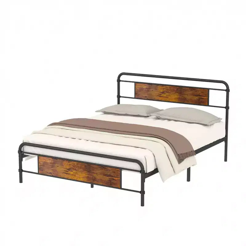 Full/Queen Metal Platform Bed Frame with Wood Grain Headboard, Heavy Duty Steel Slats, No Box Spring, Brown