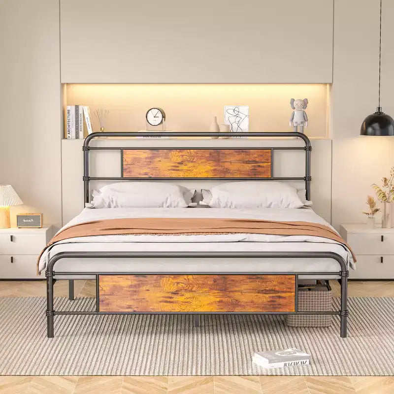 Full/Queen Metal Platform Bed Frame with Wood Grain Headboard, Heavy Duty Steel Slats, No Box Spring, Brown