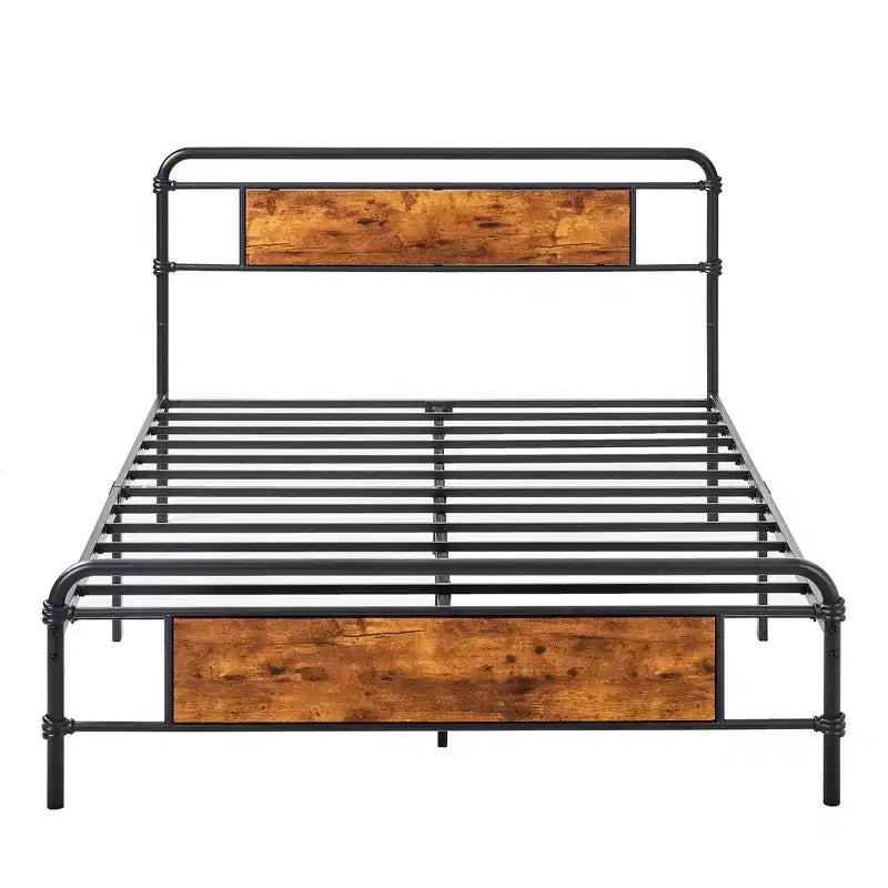 Full/Queen Metal Platform Bed Frame with Wood Grain Headboard, Heavy Duty Steel Slats, No Box Spring, Brown