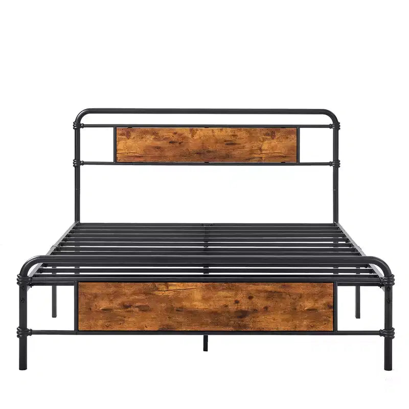 Full/Queen Metal Platform Bed Frame with Wood Grain Headboard, Heavy Duty Steel Slats, No Box Spring, Brown