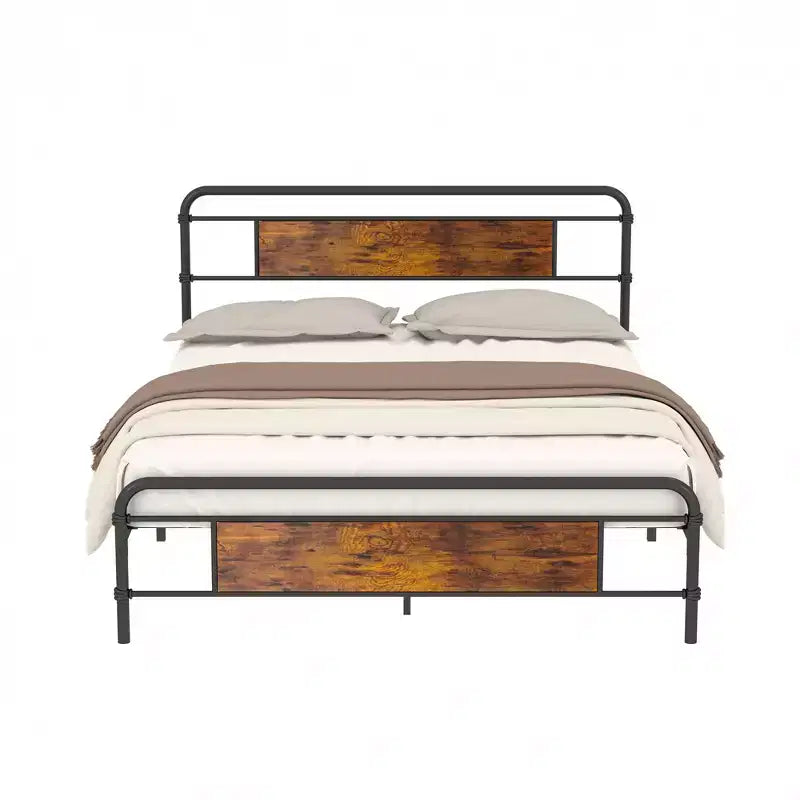 Base letto a piattaforma Full/Queen in metallo con testiera effetto legno, doghe in acciaio resistente, nessun materasso a molle richiesto, marrone