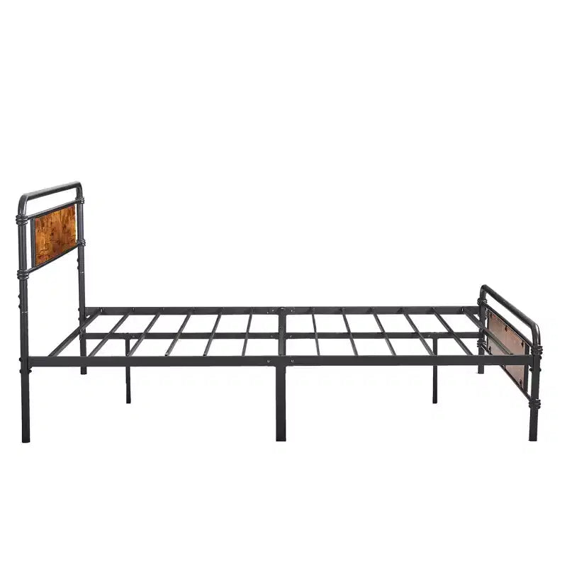 Base letto a piattaforma Full/Queen in metallo con testiera effetto legno, doghe in acciaio resistente, nessun materasso a molle richiesto, marrone