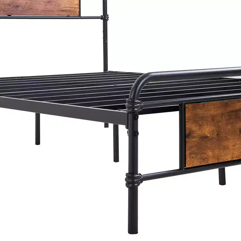 Base letto a piattaforma Full/Queen in metallo con testiera effetto legno, doghe in acciaio resistente, nessun materasso a molle richiesto, marrone
