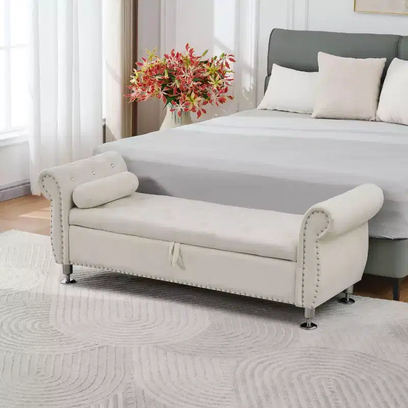 62" Luxury Velvet Tufted Storage Bench with Crystal Buttons & Pillow, Eucalyptus Frame, Bedroom & Hallway