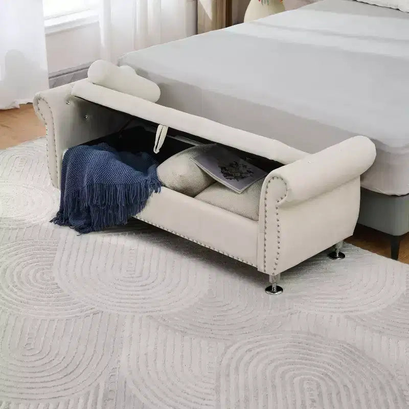 62" Luxury Velvet Tufted Storage Bench with Crystal Buttons & Pillow, Eucalyptus Frame, Bedroom & Hallway