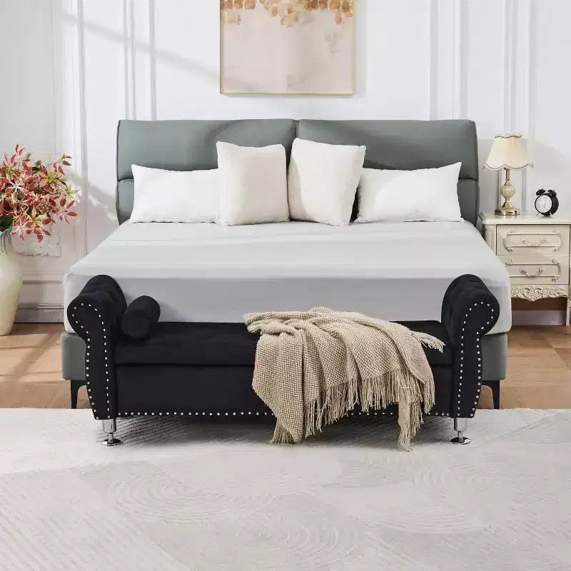 62" Luxury Velvet Tufted Storage Bench with Crystal Buttons & Pillow, Eucalyptus Frame, Bedroom & Hallway