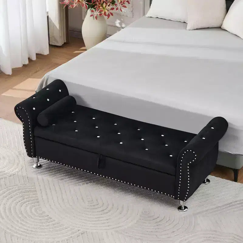 62" Luxury Velvet Tufted Storage Bench with Crystal Buttons & Pillow, Eucalyptus Frame, Bedroom & Hallway