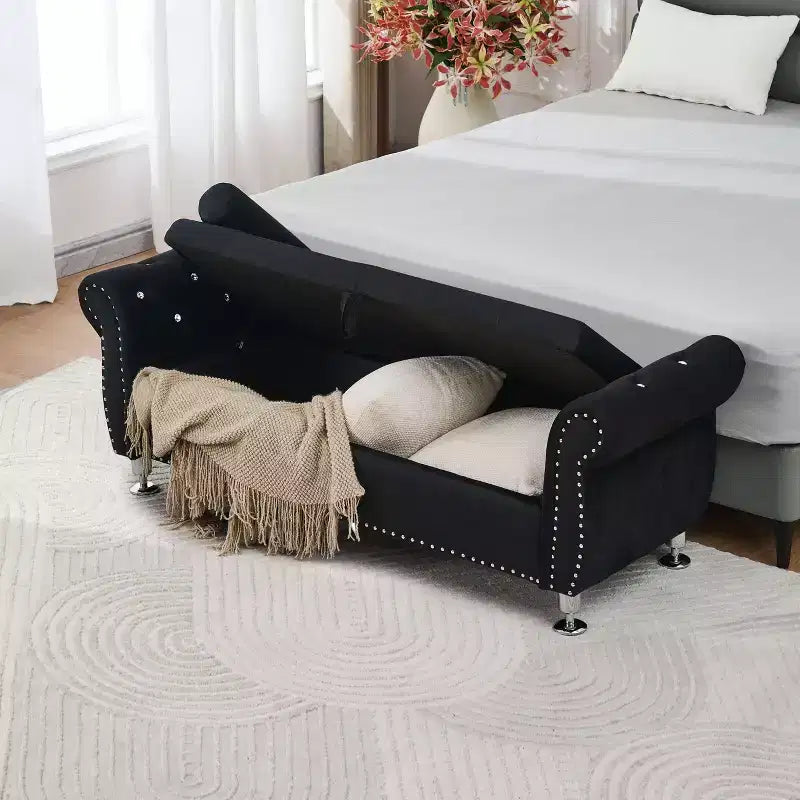 62" Luxury Velvet Tufted Storage Bench with Crystal Buttons & Pillow, Eucalyptus Frame, Bedroom & Hallway