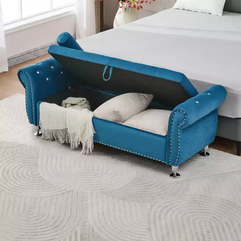 62" Luxury Velvet Tufted Storage Bench with Crystal Buttons & Pillow, Eucalyptus Frame, Bedroom & Hallway