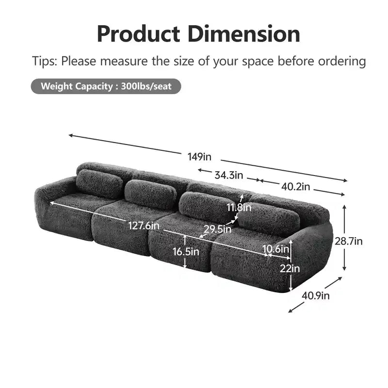 149'' Soft Plush Boneless Sofa,32D HD Sponge,Ergonomic Design,Vacuum Packaging,Free Combination,Buckle Connection for Bedroom/Study/Home Theater