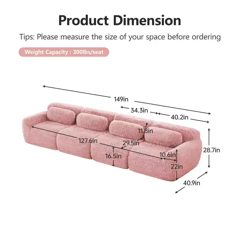 149'' Soft Plush Boneless Sofa,32D HD Sponge,Ergonomic Design,Vacuum Packaging,Free Combination,Buckle Connection for Bedroom/Study/Home Theater