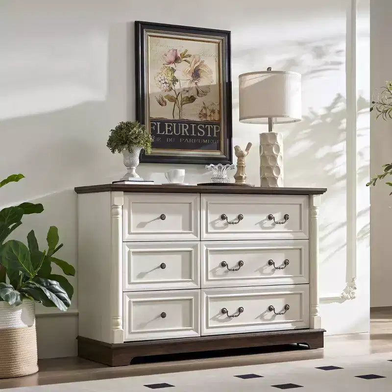 Farmhouse 6-Drawer Dresser with Textured Surface, Solid Wood Columns & Decorative Pulls