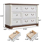 Comò a 6 cassetti Farmhouse con superficie strutturata, colonne in legno massello e maniglie decorative