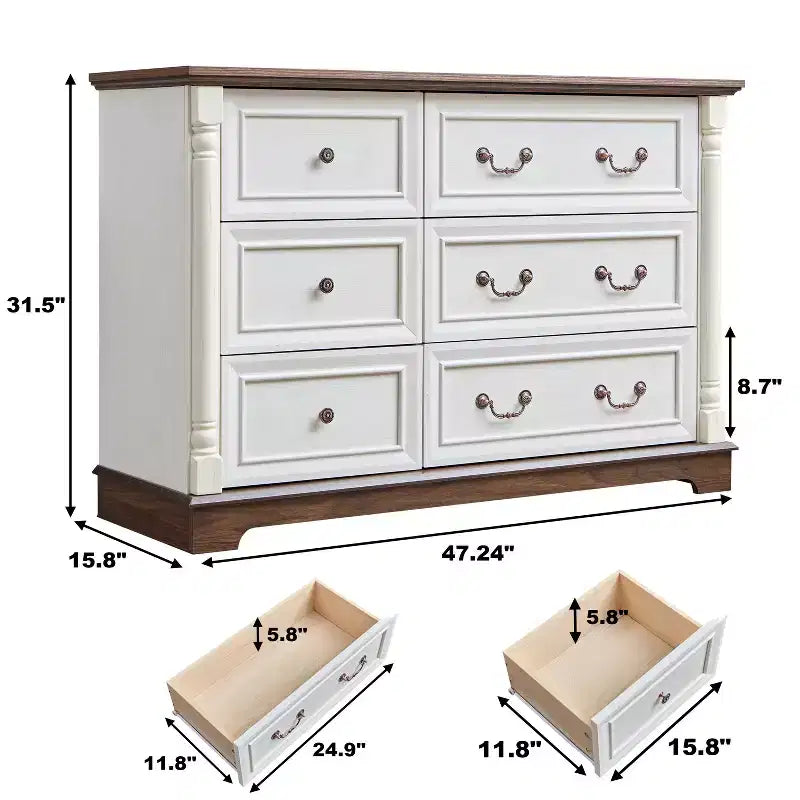 Farmhouse 6-Drawer Dresser with Textured Surface, Solid Wood Columns & Decorative Pulls