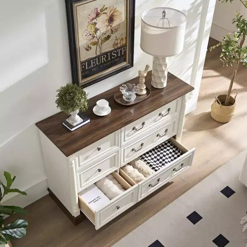 Farmhouse 6-Drawer Dresser with Textured Surface, Solid Wood Columns & Decorative Pulls