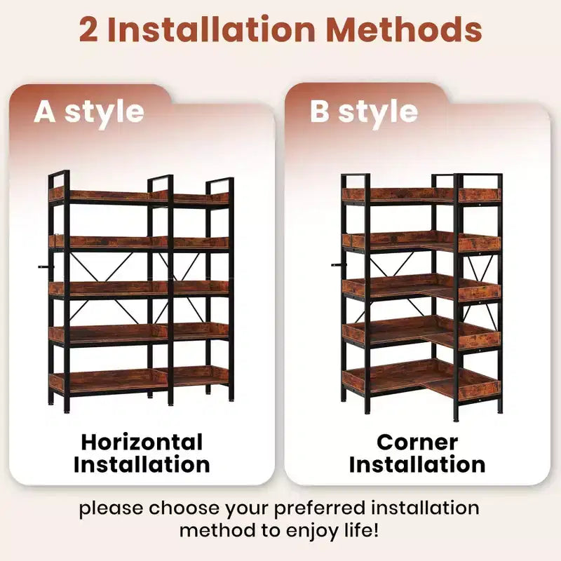 5-Tier Bookshelf, Reversible L-Shaped Corner Bookshelf, 65 Industrial Metal Storage Rack with 10 Open Shelves, Adjustable Etagere for Home & Office