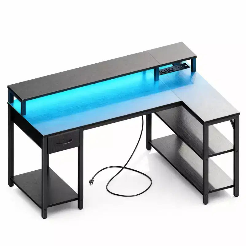 Modern Gaming L-Shaped Computer Desk with Power Socket, Open Shelves & Side Hooks, Waterproof Surface