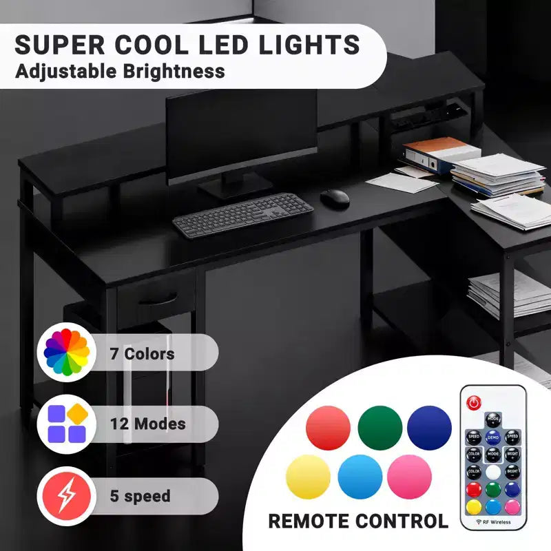 Modern Gaming L-Shaped Computer Desk with Power Socket, Open Shelves & Side Hooks, Waterproof Surface