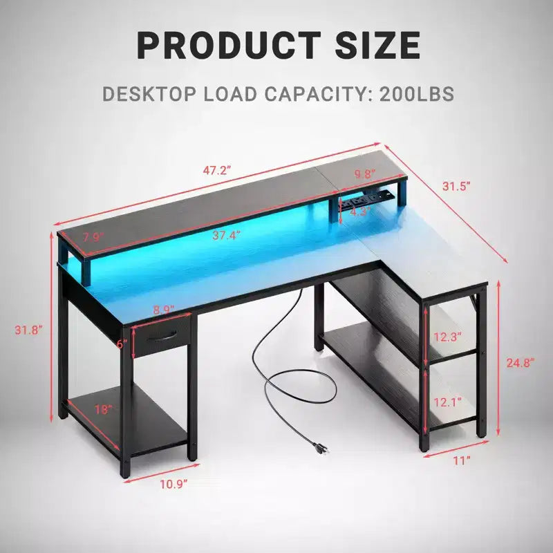 Modern Gaming L-Shaped Computer Desk with Power Socket, Open Shelves & Side Hooks, Waterproof Surface