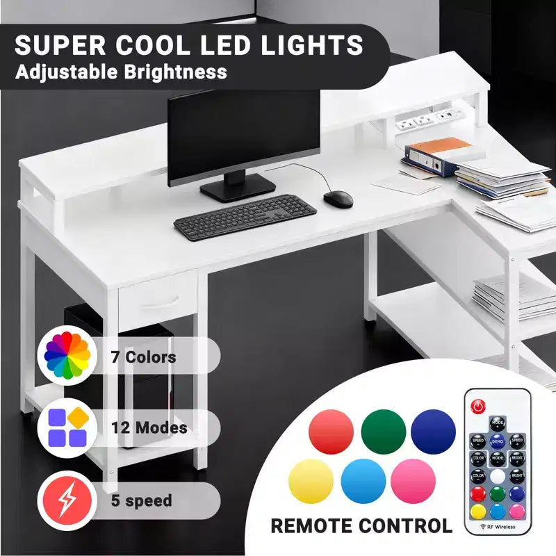 Modern Gaming L-Shaped Computer Desk with Power Socket, Open Shelves & Side Hooks, Waterproof Surface