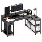 Okak Modern Gaming L-shaped Computer Desk with Power Socket & Shelves,Teens Student Storage Writing Desk for Study,Office