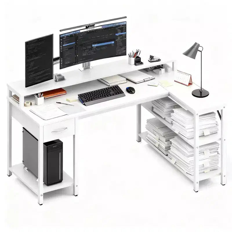 Modern Gaming L-Shaped Computer Desk with Power Socket, Open Shelves & Side Hooks, Waterproof Surface