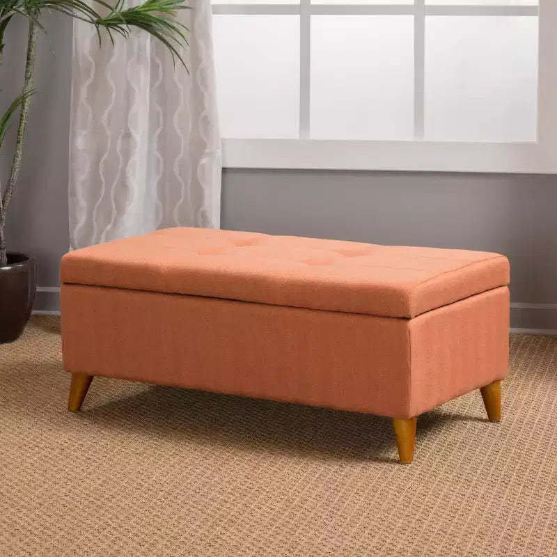 Tufted Button Storage Ottoman Bench with Hinged Lid & Solid Wood Legs, 38" Entryway Bench