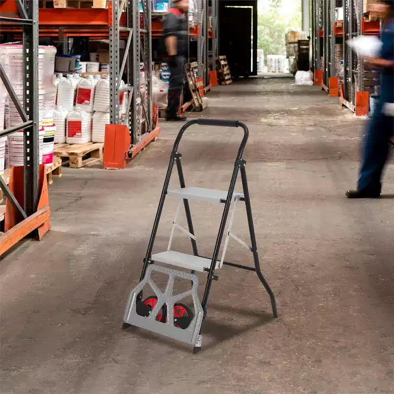 2-in-1 Aluminum Folding Hand Truck & 2-Step Ladder, Anti-Slip Pedals, 220 LB Capacity