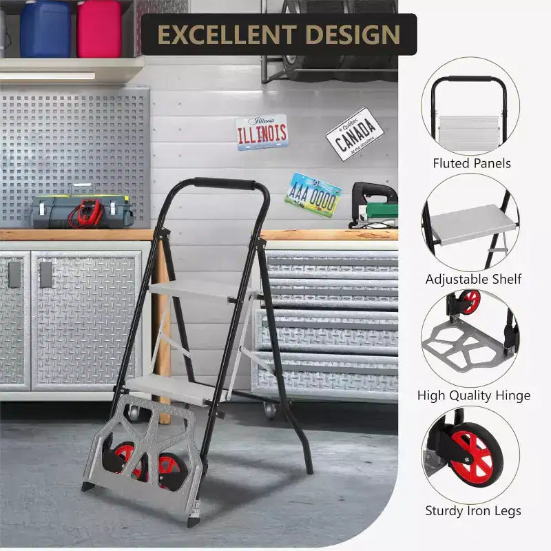 2-in-1 Aluminum Folding Hand Truck & 2-Step Ladder, Anti-Slip Pedals, 220 LB Capacity