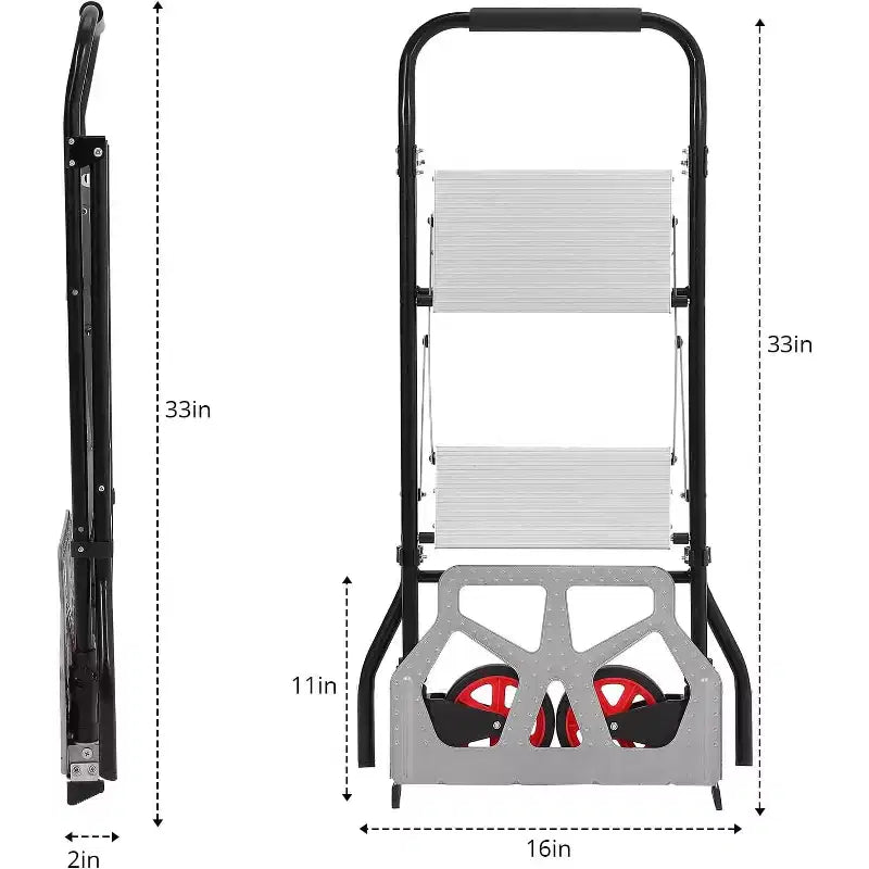 Carrello a mano pieghevole in alluminio 2 in 1 e scala a 2 gradini, pedali antiscivolo, capacità 100 kg