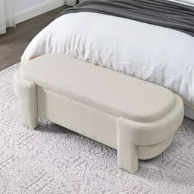 51.5" Linen Upholstered Storage Bench with Hidden Compartment & Carved Wood Legs, Beige