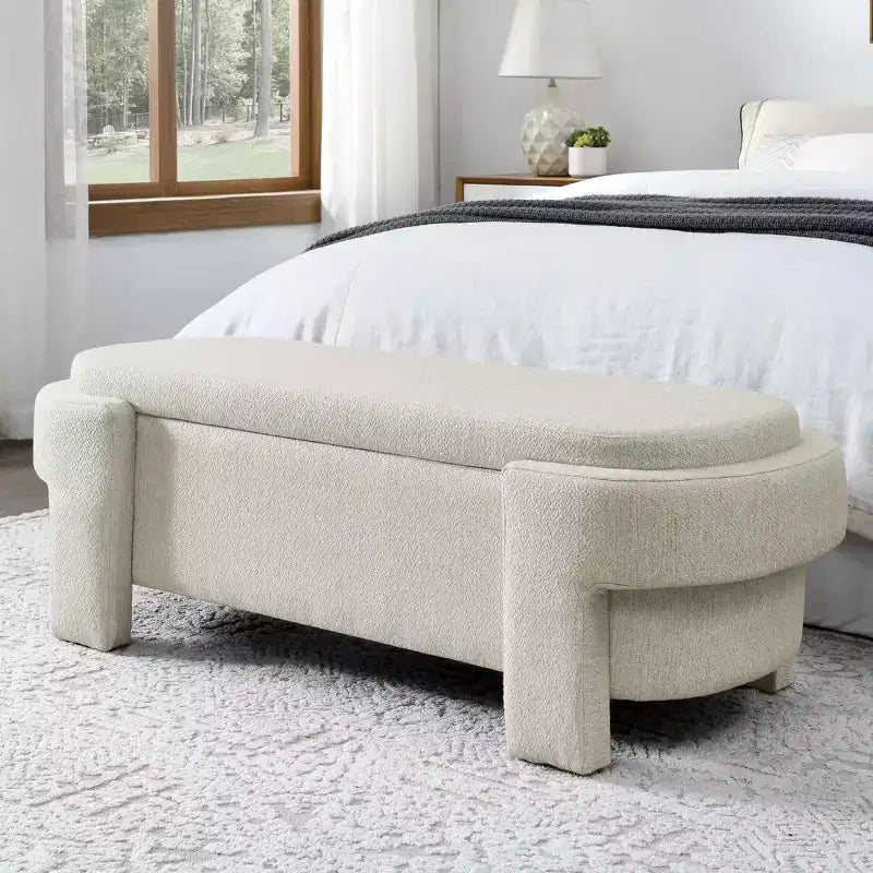 51.5" Linen Upholstered Storage Bench with Hidden Compartment & Carved Wood Legs, Beige